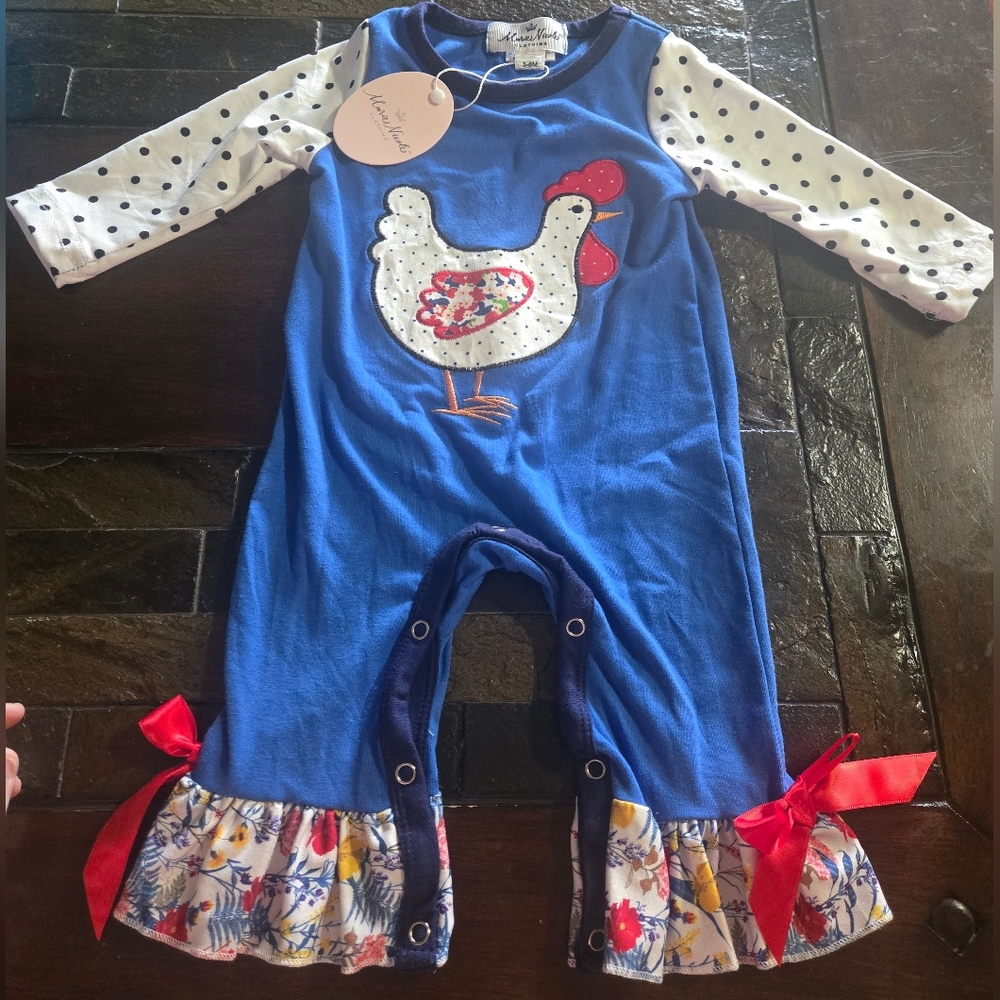 Marie Nicole 3-6 Month NWT Blue Outfit With Rooster & Red Bows At Bottom